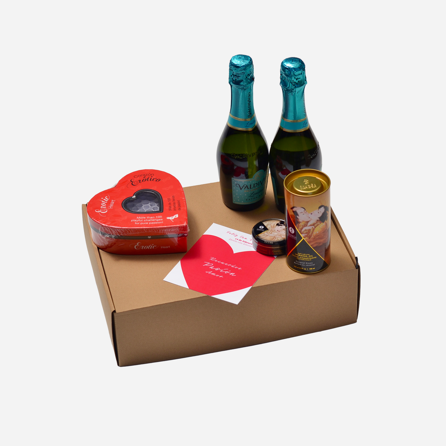 Kit San Valentín juegos corazón erótico, aceite Besos Íntimos, vela SHUNGA + 2 Espumantes 375cc