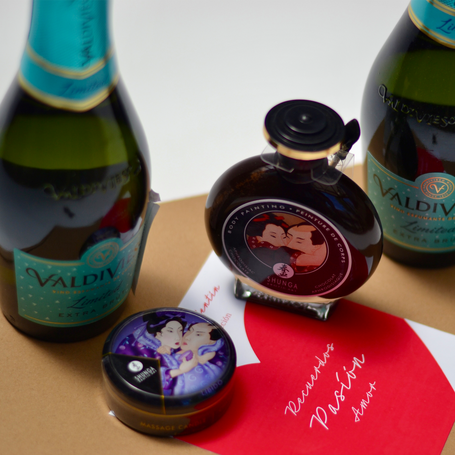 Kit San Valentín pintura corporal, vela SHUNGA + 2 Espumantes 375cc